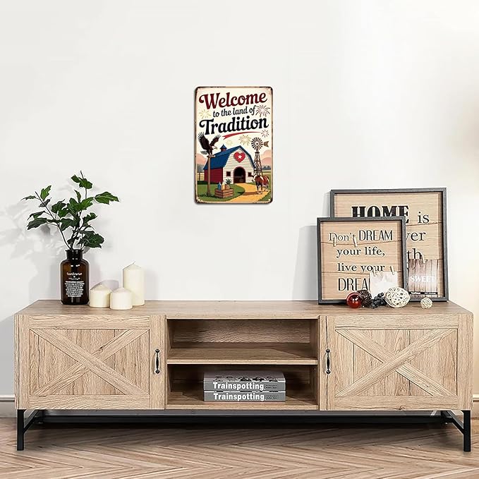 Farmhouse Welcome To the Land of Tradition tin sign Vintage Country Farm Metal Sign Print Aesthetic for Garden Yard Bar Porch Home Bedroom Kitchen Wall Decor Decor Gift 8 x 12 Inches