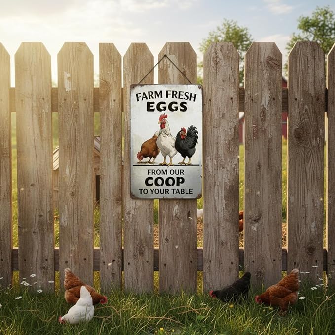 Farm Fresh Eggs Vintage Metal Sign 8x12 Inches - From Our Coop To Your Table, Rustic Chicken Coop Decor, Retro Farmhouse Kitchen Wall Art, Funny Chicken Lover Gift for Home, Bar, Cafe, Garage