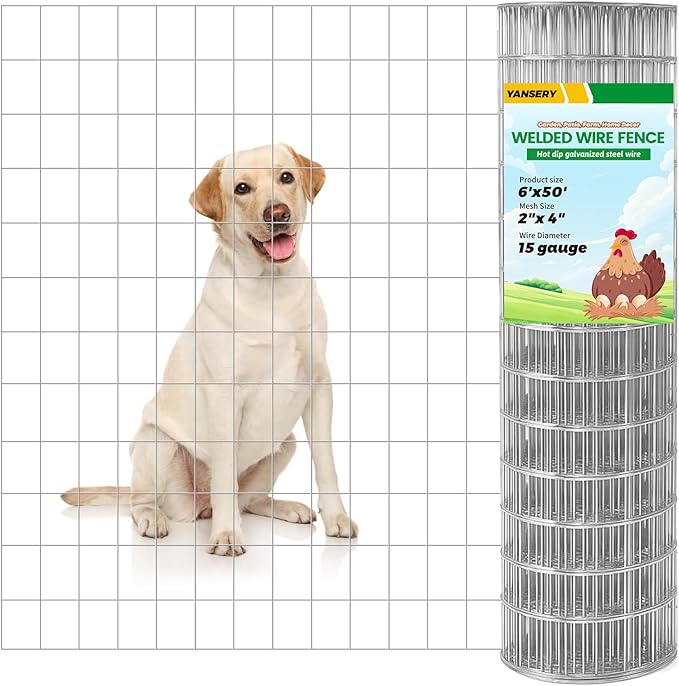 6'×50' Welded Wire Mesh,Galvanized Chicken Wire Fencing 2'' X 4'' 15GA, Garden Decorative Fence for Chicken Coop Barrier, Rabbit Snake Fences, Poultry Enclosures