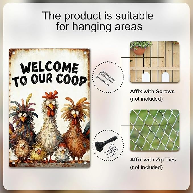 Funny Chicken Metal Decor Sign Vintage Metal Tin Sign Wall Art Decor Welcome To Our Coop Chicken Coop Signs for Outdoor Decorations Gifts for Women and Hen Lovers 8 X 12 Inch