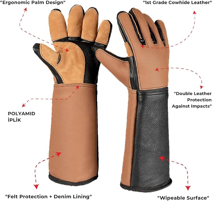 Animal Handling Gloves,%100 Real Leather, Bite Proof, 3 Solid Layers, Handmade, Dog Bite and Cat Scratch, Bird Handling, Wiped Clean, Vet Approved, 18" Black and Tan