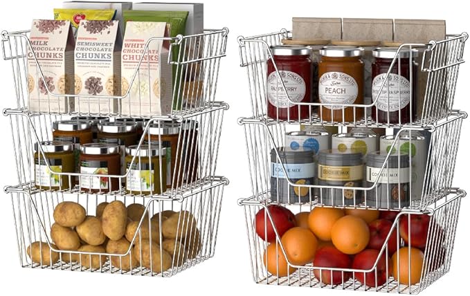 Slideep Stackable Storage Baskets Stainless Steel Cabinet Organizer Sturdy Metal Wire Pantry Freezer Bin for Pantry Home Bathroom Kitchen Organization 6 Packs