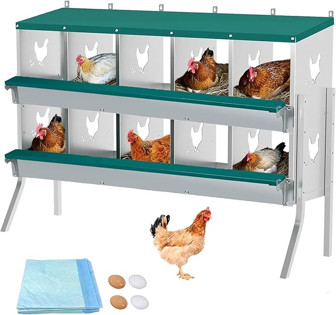 Garvee Large Metal Chicken Nesting Boxes for Hens, 10 Compartment Galvanized Steel Nesting Box with Legs, Includes 4 Fake Eggs & 10 Soft Nest Pads, Wall Mount or Freestanding for Coop & Farm