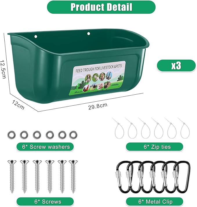 Chicken Feeder Waterer, 3 Pack Duck Feeder Supplies, Hanging Fence Feed Trough with Clips for Goat, Sheeple, Piglet, Gooses, Turkeys, Dog Livestock Poultry,Green