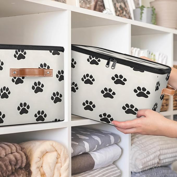 Storage Cubes with Lid Fabric Storage Bins Boxes PU Leather Handles, Dog Pet Paw Print Closet Organizer Container Foldable Washable Shelf Cloth Basket, Cat Pet Paw