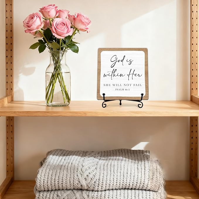 Religious Gifts for Women, 5 Inch Rustic Bible Verse Decor, Inspirational Wooden Plaques for Home Office, God Is Within Her She Will Not Fail Sign - A11