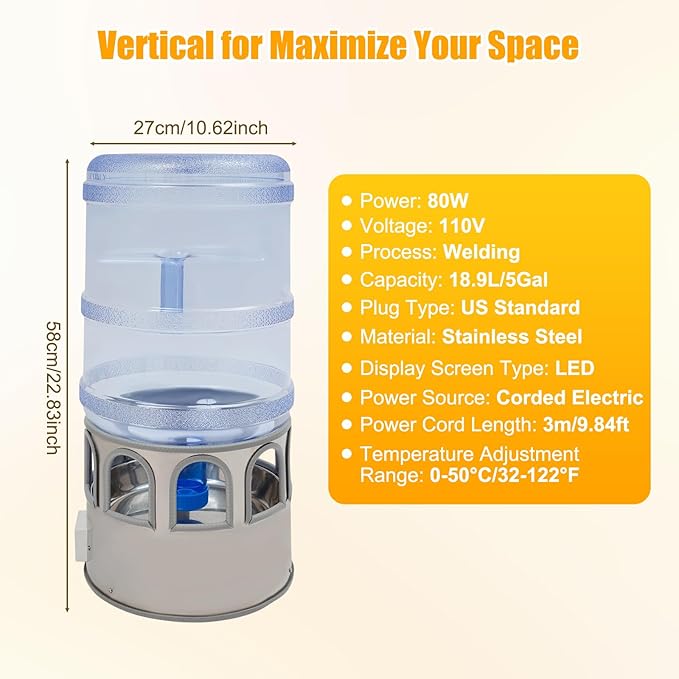 Poultry Chicken Water Heater, 80W Heated Chicken Waterer 5 Gallon with 32 °F-122°F Temperature Adjustable, 9 Drinking Windows & LED Display Screen, Poultry Water Deicer for Winter