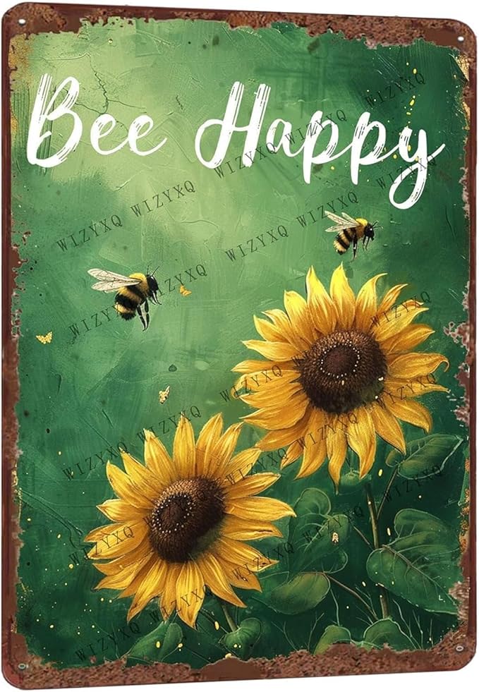 Metal Signs Bee Happy Sunflowers Vintage Retro Aluminum Metal Tin Sign for Home Office Kitchen Bar Cafe Garden Wall Decor 12x8 Inch