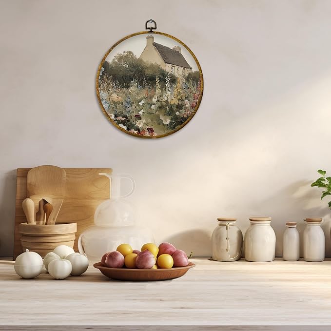 CUANFDDSF Vintage Cottagecore Farmhouse Round Wall Art, Rustic Countryside Garden Framed Hanging Wall Decor, Retro Country Landscape Canvas Prints Decorations for Home Bedroom Living Room, 10x10 Inch