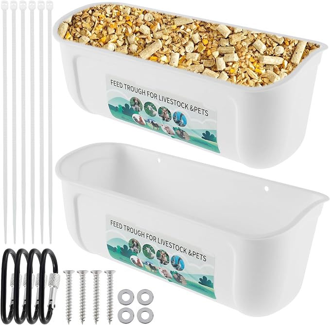 2Pcs Chicken Feeder Hanging Goat Feeder Hanging Feed Trough BPA Free Chicken Feeder Easy to Install Poultry Feeder Poultry Feeding Container Water Bucket for Chicken Duck Goat (White)