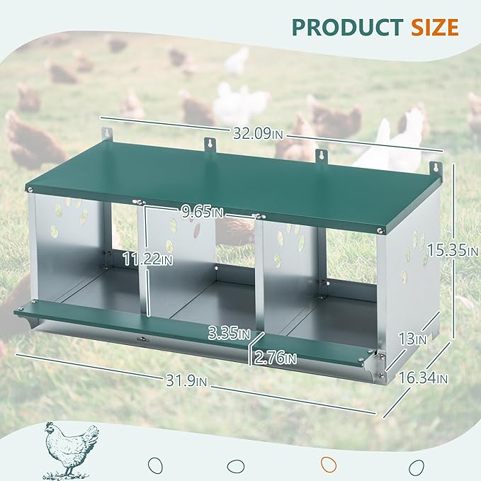 3 Compartment Chicken Nesting Box, Metal Nesting Box for Laying Eggs, Heavy Duty Metal Chicken Coop, Indoor & Outdoor Use