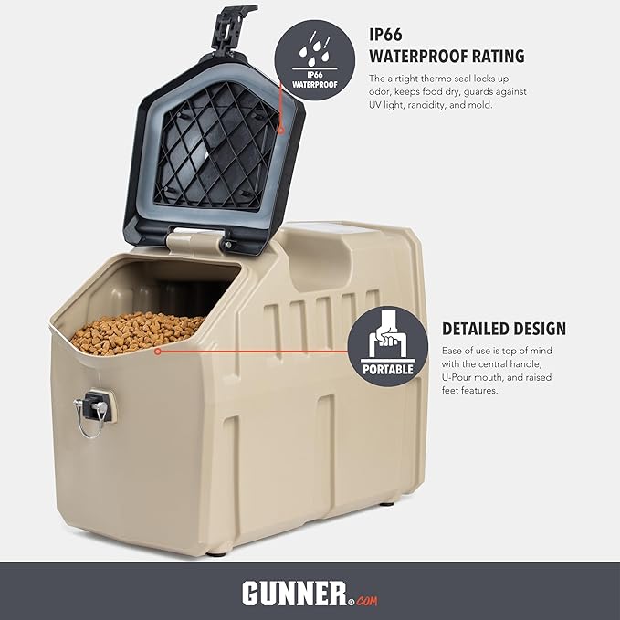 GUNNER 50 lbs Tan Dog Food Storage Container with Measuring Scoop – Waterproof & Airtight Pet Food Bin for Dry Food, Corn, Chicken Feed, Bird Seed & Treats – 3 Cup Ergonomic Scooper with Markers