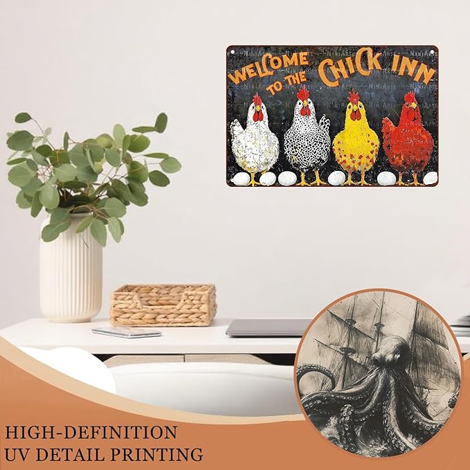Funny Chicken Tin Sign Welcome To The Chick Inn Vintage Sign Metal Farm Sign for Garden Farm Chicken Coop Decor 8X12Inch