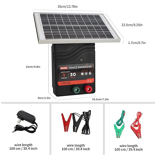 30 Miles Solar Electric Fence Charger, 1 Joule Portable Solar Fence Charger, Solar Electric Fence Kit, with 10W Solar Panel for Livestock, Preventing Predators from Intruding
