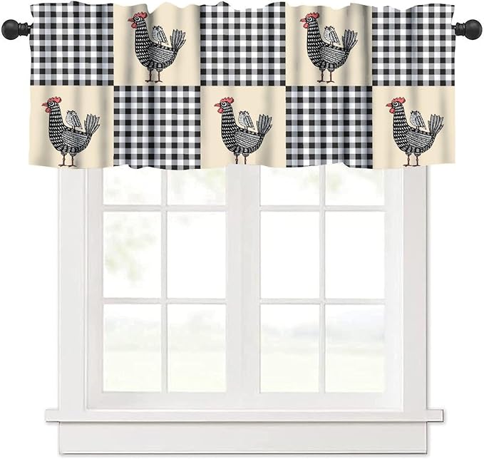 Farmhouse Rooster Kitchen Curtains Rustic Retro Abstract Chicken Black White Buffalo Plaid Rod Pocket Curtain Valance for Kitchen Bedroom Living Room Decor 1 Panel W54xL18 Inch