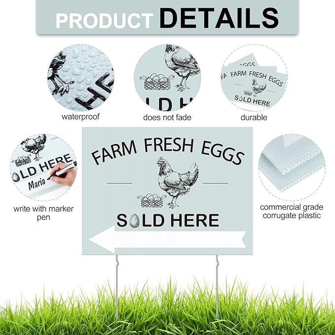 Soaoo 5 Pcs Farm Fresh Eggs Sold Here Sign 16 x 12 Inch Double Sided Fresh Eggs for Sale Sign Corrugated Plastic Chicken with Stakes Easter Egg Sale Signs for Indoor Outdoor Yard