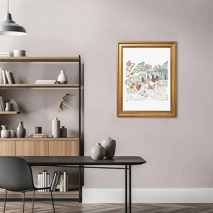 Framed Cottagecore Chicken Wall Art Painting Farmhouse Hens Print Rustic Country Farm Illustration Picture Poster Vintage Pastoral Canvas Artwork Aesthetic Cottage Home Kitchen Room Decor 12x16inch