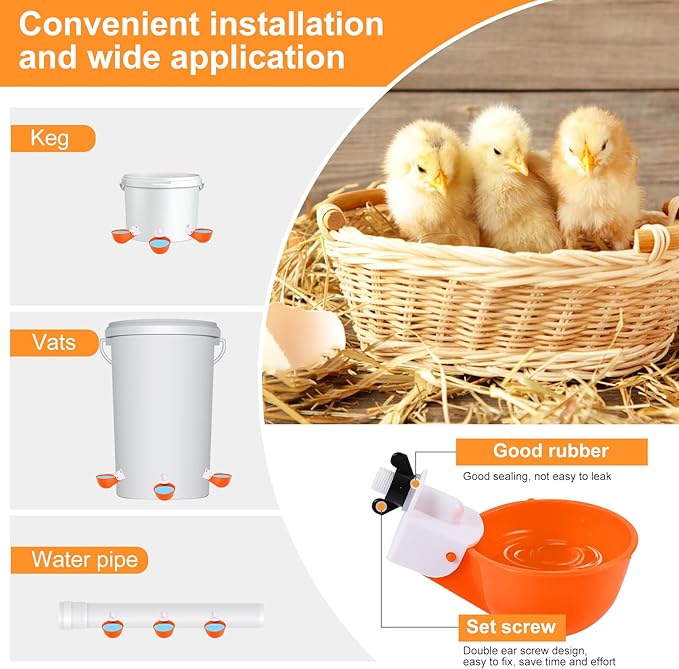 Chicken Waterer Cups (16 Pack/Orange) - DIY Automatic Large Chicken Water Feeder for Ducks Quail and Various Poultry Dispenser with Matching Drill, Double Rubber Ring, Not Leaking Wate
