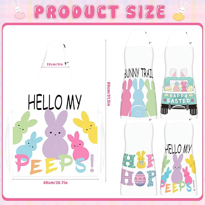 Easter Aprons Set of 4, Colorful Bunny & Easter Eggs Design - Kitchen Aprons for Adults & Kids, Easter Decorations for Home Indoor, Egg Collecting Apron, Bunny Gift & Festive Table Decor