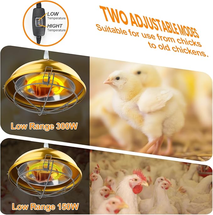 Heat Lamp for Chicken Coop, 300 Watts chicken coop heater with Adjust 2 Mode temperature &Hanging Height,Waterproof,Forlndoor & Outdoor Used,Suitable for Amphibians,Chick, Duck,Pets (round 300W)
