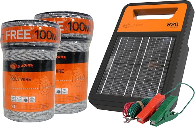 Gallagher S20 Solar Electric Fence Charger with 3,280 Ft Poly Wire | Complete Electric Fence Kit for Livestock, Gardens, and Predator Control | Solar Powered Energizer with Polywire Rolls