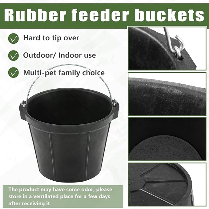 Sadnyy 2 Pcs Rubber Feeder Bucket, 8 Quart 2 Gallon Rubber Horse Feed Bucket with Handle Large Utility Feed Pan Dog Bowl Horse Feeder for Goats Horses Animal Feeding, 10.6 x 8.6 Inches