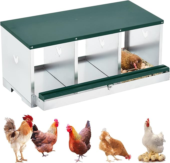 3-Hole Chicken Nesting Box, Large Ventilated Galvanized Steel Laying Box with Compartments, Wall-Mounted, Easy Egg Collection & Cleaning, Roll Away Nest Box for Coop - Green