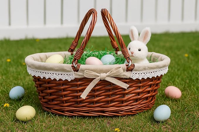 MEIEM Wicker Gift Baskets Empty Oval Willow Woven Picnic Cheap Easter Candy Storage Wine Basket with Handle Egg Gathering Wedding Basket (Brown)