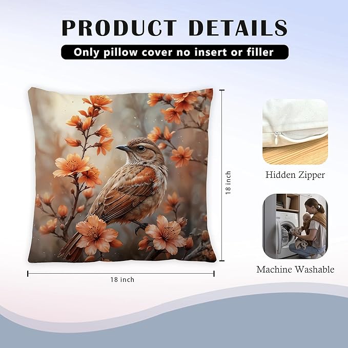 Vintage Floral Bird Spring Pillow Covers 18x18, Bird Decor for Home, Cottagecore Floral Botanical Birds Nature Throw Pillow Covers for Home Living Room Bedroom