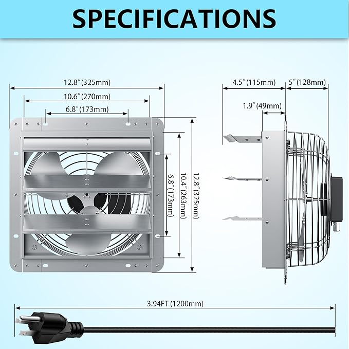 10 Inch Shutter Exhaust Fan, Aluminum Wall Mounted Exhaust Fan, 844 CFM High Speed Automatic Shutter Attic Fan, Vent Fan For Greenhouse,Shed,Shop,Garage