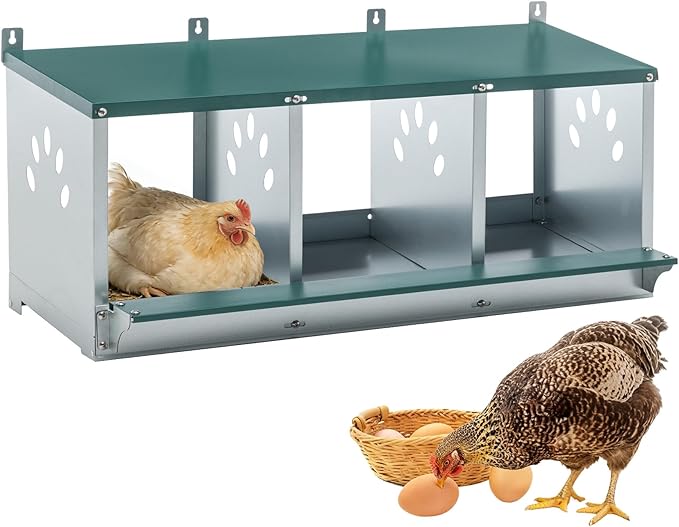 3/4 Compartment Chicken Nesting Boxes, Metal Wall Mount Chicken Egg Laying Box with Roll Out Egg Collection, Galvanized Steel Chicken Nesting Box for Laying Hens, Easy to Clean & Assemble (3-Hole)