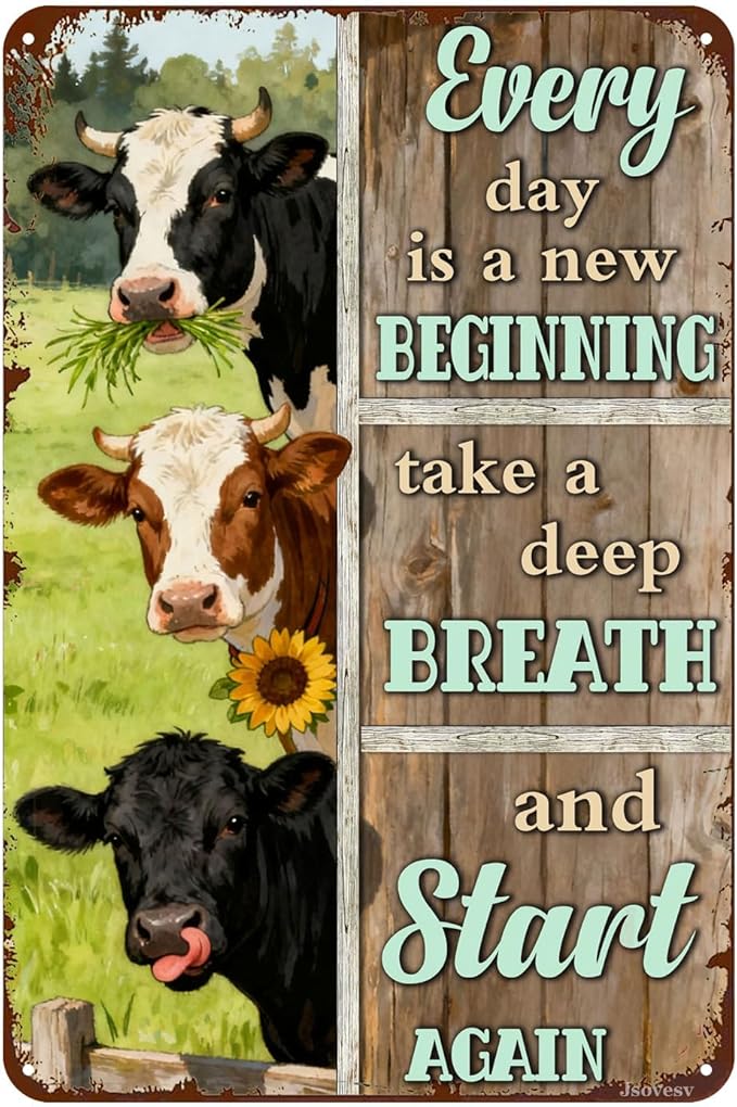 Vintage Inspirational Tin Sign Everyday Is A New Beginning Take A Deep Breath And Start Again Rustic Farmhouse Cow Metal Wall Art Decor For Home Office Porch Barnyard 8x12 Inch