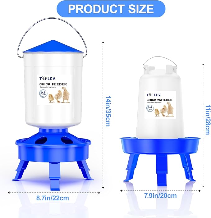 Baby Chick Feeder and Waterer Set with Adjustable Height, Scoop, Anti-Drown Poultry Waterer for Raising Chicks in Brooder (0.8 Gal Chick Feeder & 0.4 Gal Chick Waterer, Blue)