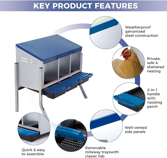 Garvee Chicken Nesting Boxes, 3 Hole Roll-Away Nesting Boxes for Chickens Coop with Perch, Hens, Ducks & Other Poultry,Egg Laying Box with Lid Cover to Protect Eggs,Easy to Assemble