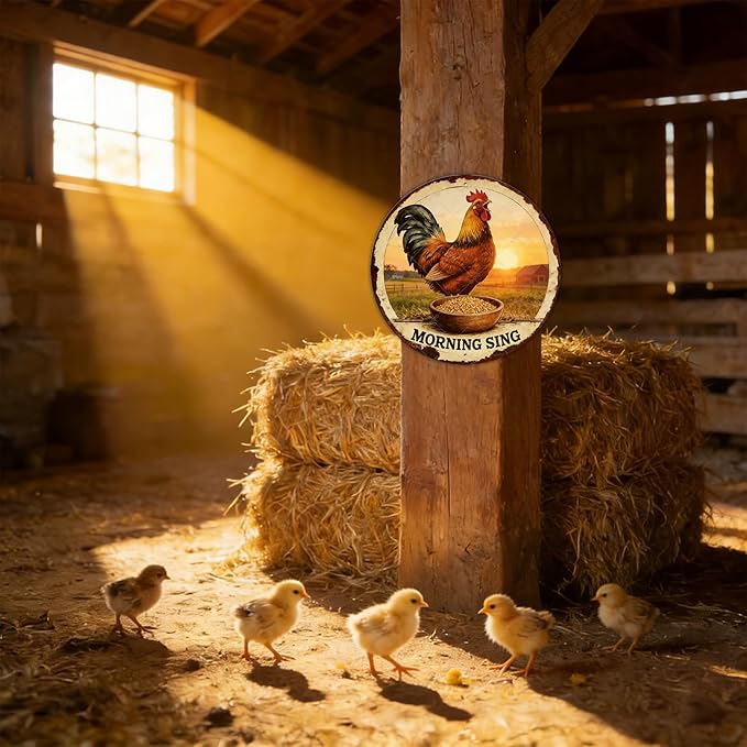 Chicken Signs Rooster Kitchen Round Wall Decor Morning Sing Metal Tin Sign Funny Chicken Coop Accessories Rooster Decor Home Garden Farm Yard Office 12 Inch