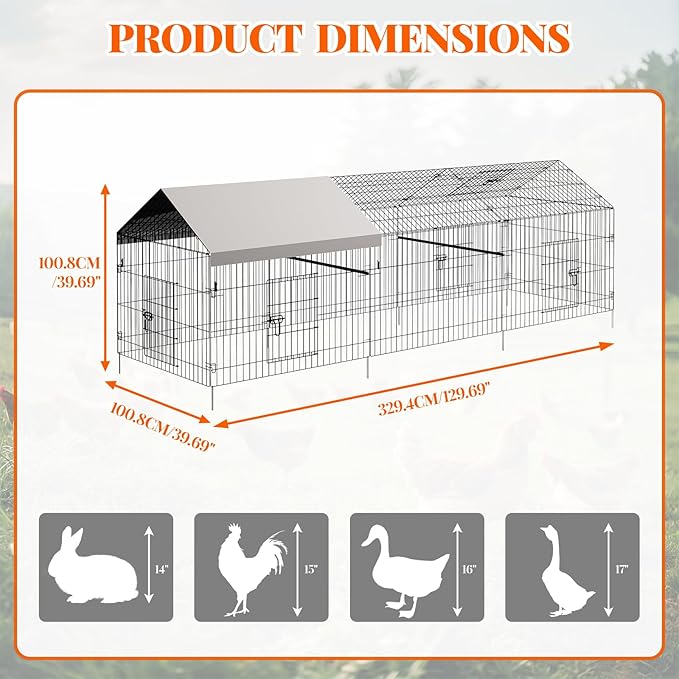 Garvee Metal Chicken Coop with Waterproof & Anti-UV Cover, Portable Chicken Run for Yard, Poultry Cage Hen House for Backyard Farm Use, 130 in L x 40 in W x 40 in H