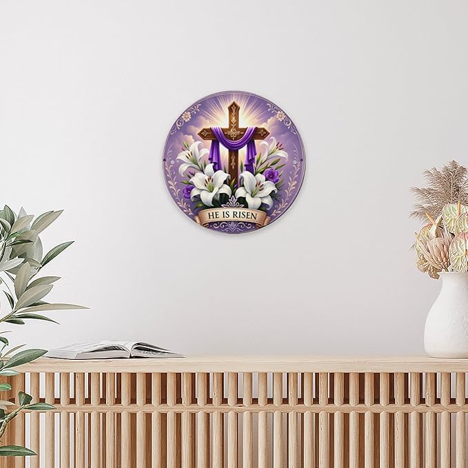 He is Risen Metal Sign for Front Door Decor Religious Cross Easter Hanging Door Decorations, Farmhouse Flower He is Risen Roundr Sign Hanger for Home Spring Wall Indoor Outdoor Decorations