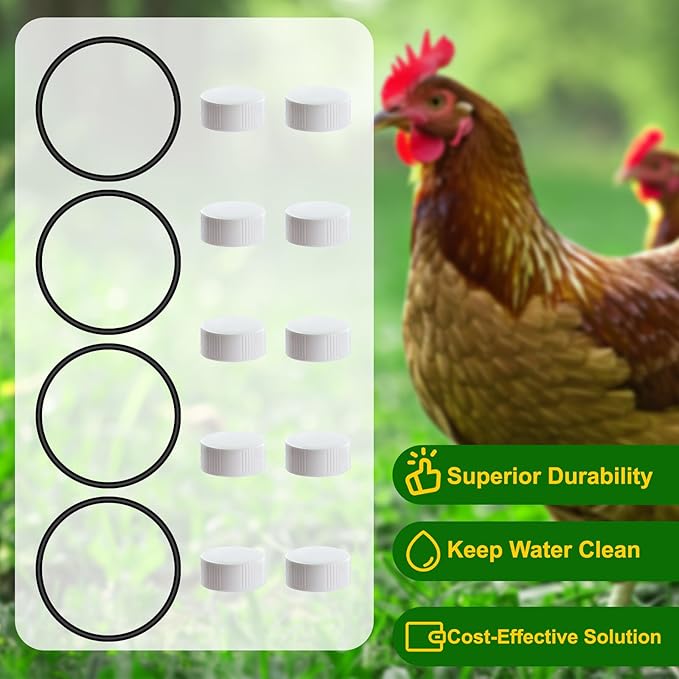 Plastic Poultry Waterer Replacement Parts Kit - 10 Caps & 4 O-Rings, Compatible with Miller, Little Giant PPF & Farm-Tuff 3/5/7 Gallon Poultry Founts (White)