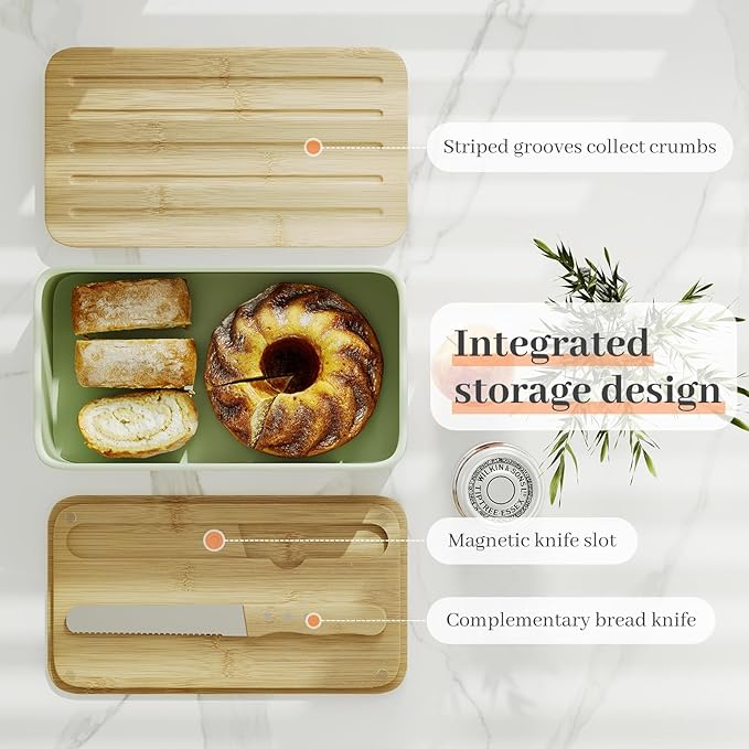 Bread Box for Kitchen Countertop - Metal Bread Storage with Bamboo Cutting Board Lid & Bread Knife, Corner Bread Container for Homemade Bread and Toast, Green