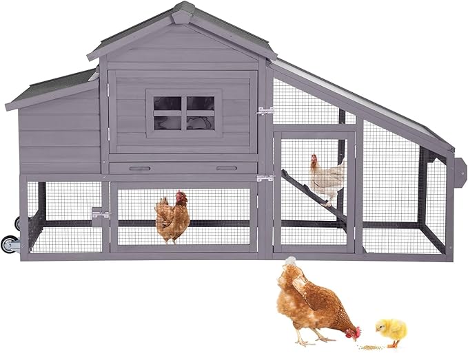 Chicken Coop, Mobile Chicken House with with Wheels, Outdoor Hen House Poultry Cage with Nesting Box, Leakproof Pull Out Tray and UV-Resistant Roof (Grey)