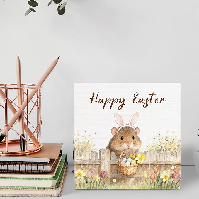Happy Easter Hamster Wooden Box Sign Desk Decor, Spring Wildflower Easter Egg Farm Hamster Wood Signs for Bedroom Home Office Desk Table Shelf Decorations, 5x5 Inch