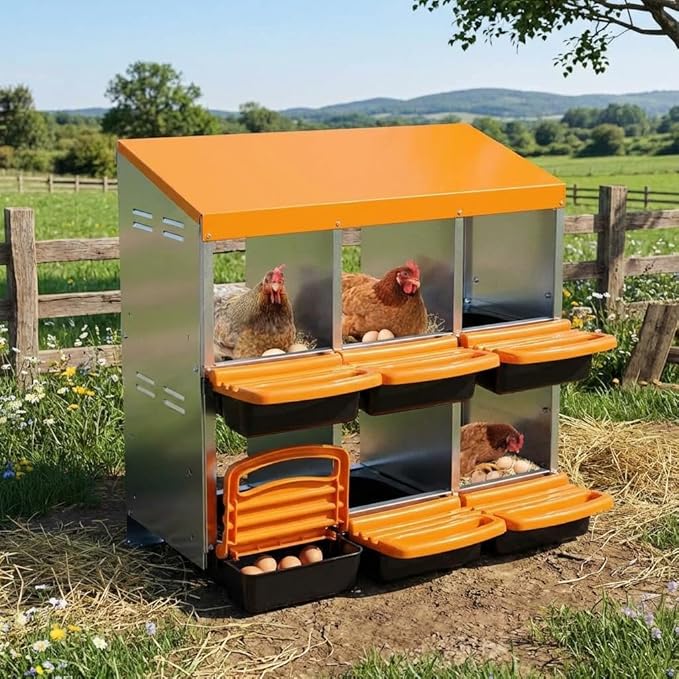 Chicken Nesting Box 6-Hole Roll Away Egg Laying Box with Lid, Galvanized Steel Rustproof Poultry Coop Box, Easy Clean, Wall Mountable No Bracket Needed for Hens, Orange