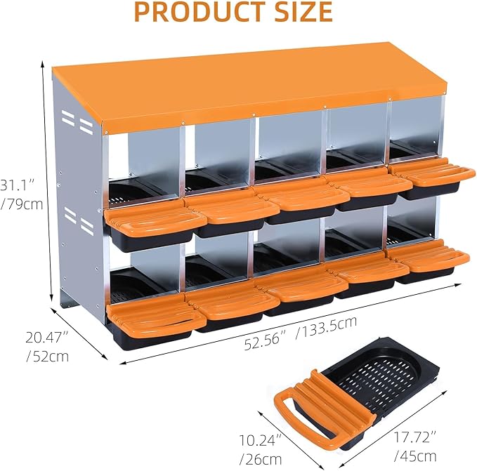 Chicken Nesting Box, 2-Tier Chicken Laying Boxes for Hens, 10 Hole Nesting Boxes for Chickens, Roll Away Nest Box for Laying Eggs, Roll Out, Easy Egg Collection (Orange, 10-Holes Without Legs)
