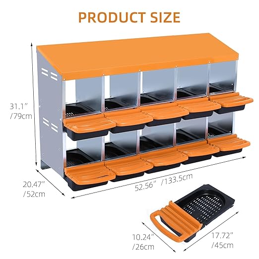 Chicken Nesting Boxes, 10 Hole Metal Chicken Laying Box with with Removable Trays and Roll Out Egg Collection for Chicken Coop, Orange