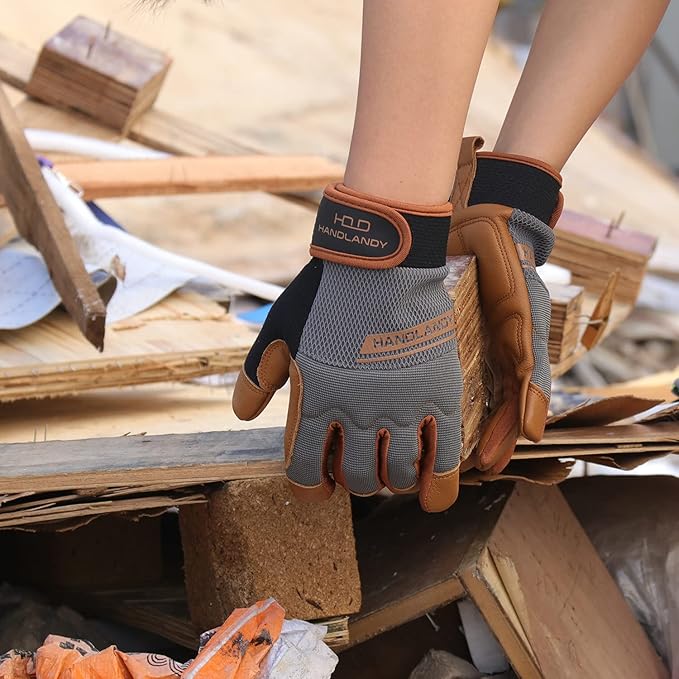HANDLANDY Leather Work Gloves Mens & Women, Utility Safety Mechanic Working Gloves Touch Screen, Flexible Breathable Yard Work Gloves (Large, Brown-Cowhide Palm)
