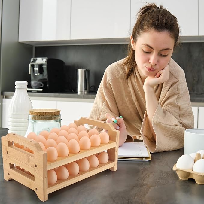 Egg Holder, 2 Tier Egg Holder Countertop, Bamboo Egg Organizer and Storage for Gathering 48 Fresh Eggs, Egg Stackable Stand Rack, Egg Basket for Kitchen Farmhouse