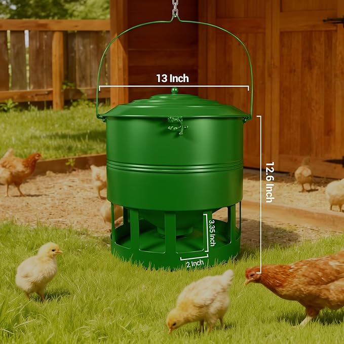 Metal Hanging Chicken Feeder No Waste, Rain-Proof Automatic Chicken Feeders, No-Spill Poultry Feeder, Rat Proof Gravity Chicken Feeder with 12 Ports for Farm & Backyard Chicken Coop