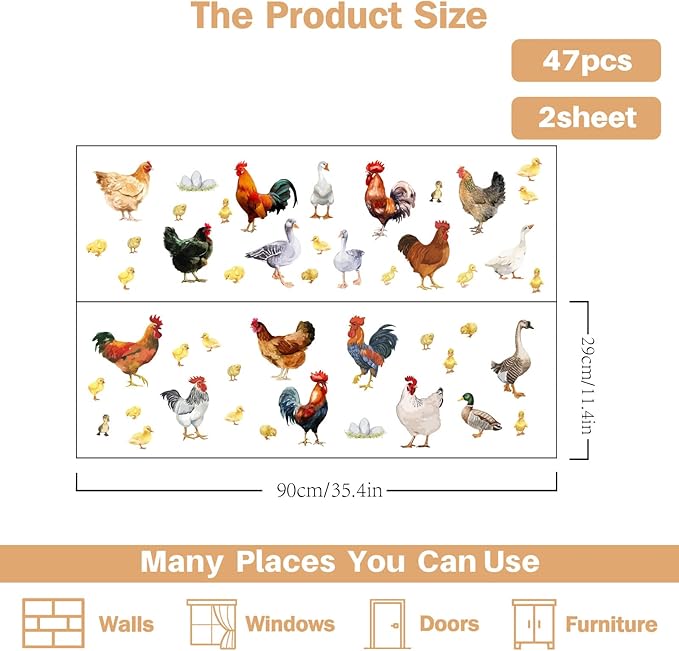 PLIGREAT Farm Poultry Rooster Chickens Duck Wall Stickers, Peel and Stick Wall Decals, Removable Vinyl Wall Sticker for Farmhouse Living Room Farm Store Wall Decoration Home Indoor Wall Art Decor