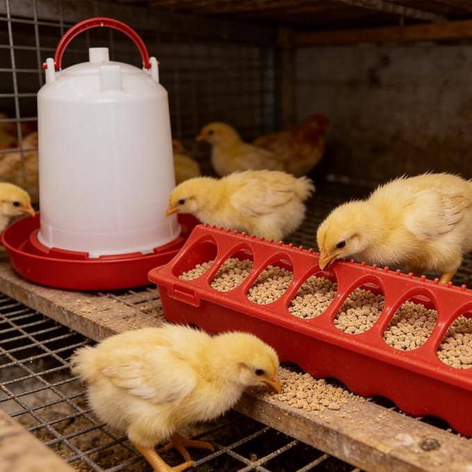 Chicken Feeder and Chicken Waterer Kit Set Automatic Chicken Hanging Poultry Waterer 3L kit-Flip Top Chick Feeder with 16 Feeding Hole