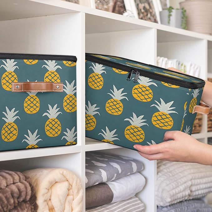 Yellow Pineapple Print Storage Bins With Lids Fabric Collapsible Storage Box with Leather Handles for Home Bedroom Foldable Closet Shelf Organizer